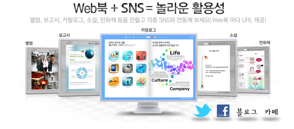 Web북 + SNS = 놀라운 활용성 앨범, 보고서, 카탈로그, 소설, 만화책 등을 만들고 각종 SNS와 연동해 보세요(Web북 마다 URL 제공)